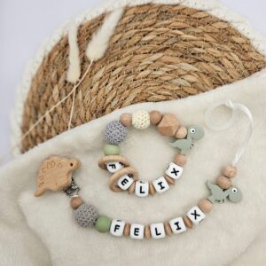 Schnullerkette & Greifling mit Namen, Set personalisiert mit Tiermotiv – BPA-frei, Österreich