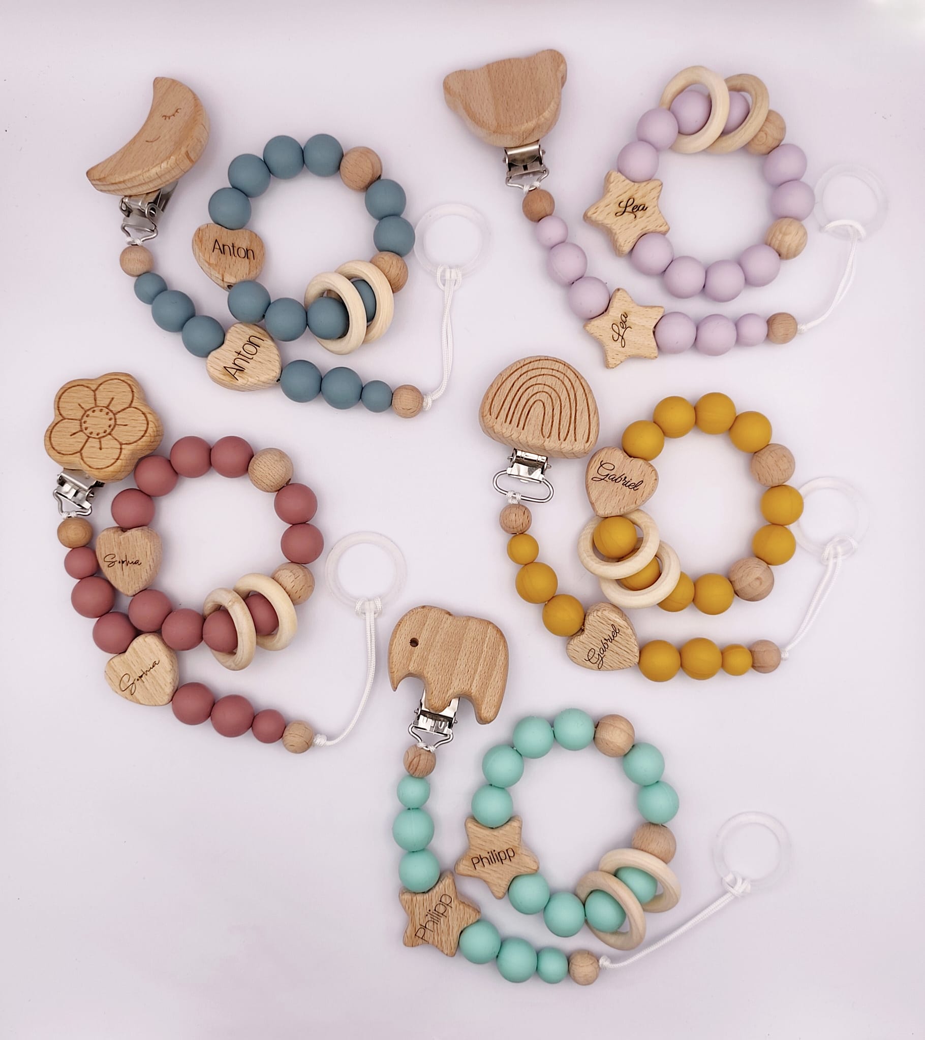 Pastell Schnullerkette & Greifling mit Namen | BPA-frei, handgemacht in Österreich, mit Namensgravur | Geschenk Geburt & Taufe