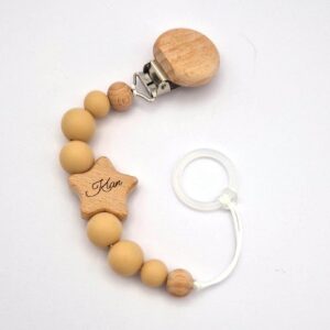 Schnullerkette mit Namen | Braun | Babygeschenk zur Geburt & Taufe | Handgefertigter Schnullerhalter BPA-frei | Mit Namensgravur