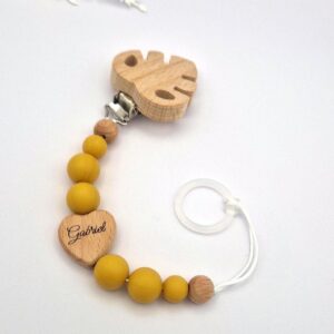 Schnullerkette mit Namen, personalisiert | Senfgelb | Babygeschenk zur Geburt & Taufe | Handgefertigtes Babygeschenk BPA-frei | Mit Namensgravur