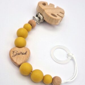 Alternative view of Schnullerkette mit Namen, personalisiert | Senfgelb | Babygeschenk zur Geburt & Taufe | Handgefertigtes Babygeschenk BPA-frei | Mit Namensgravur