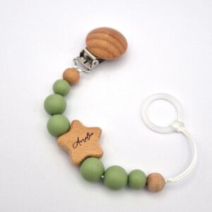 Personalisierte Schnullerkette mit Namen | Grün | Babygeschenk zur Geburt & Taufe | Handgefertigter Schnullerhalter BPA-frei | Mit Namensgravur