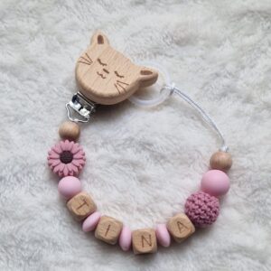 Alternative view of Schnullerkette mit Namen rosa mit Blume & Name – Handgefertigte Babygeschenke – Holzbuchstaben – Individuelles Geschenk zur Geburt