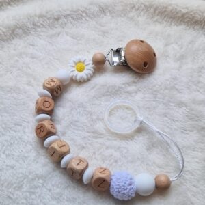 Alternative view of Personalisierte Schnullerkette weiß mit Blume und Namen – Handgefertigte Babygeschenke – Holzbuchstaben – Individuelles Geschenk zur Geburt