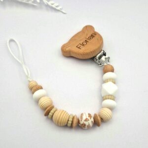 Schnullerkette mit Namen, Gravur | Holz & Silikon Natur Boho Beige | Geschenk zur Geburt | Handgefertigte Schnullerkette für Babys