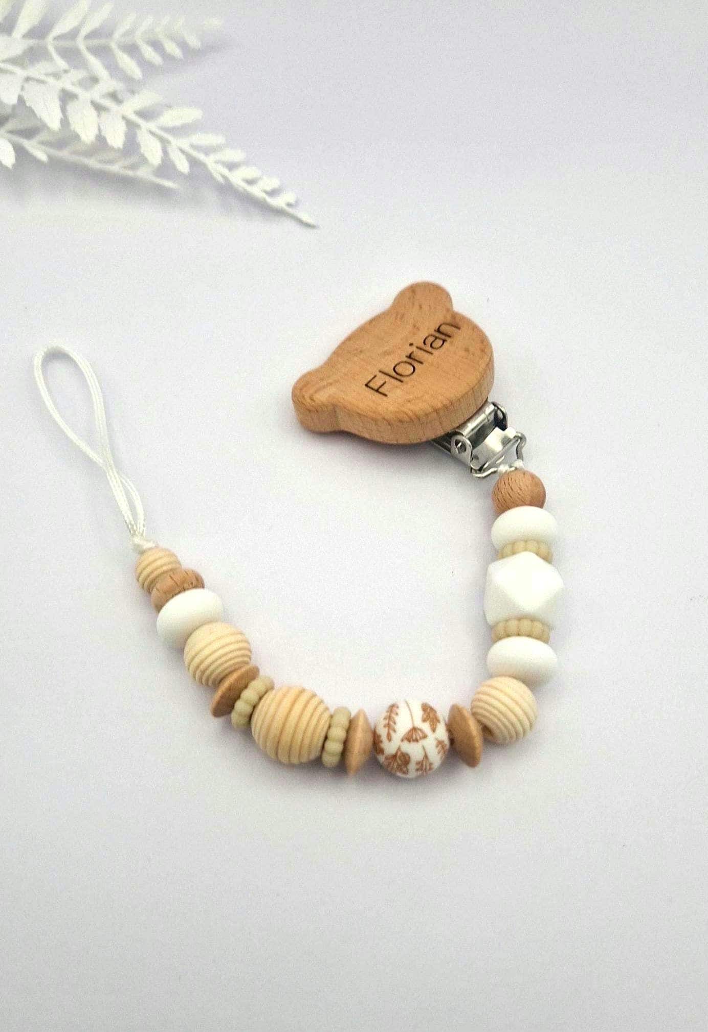 Schnullerkette mit Namen, Gravur | Holz & Silikon Natur Boho Beige | Geschenk zur Geburt | Handgefertigte Schnullerkette für Babys